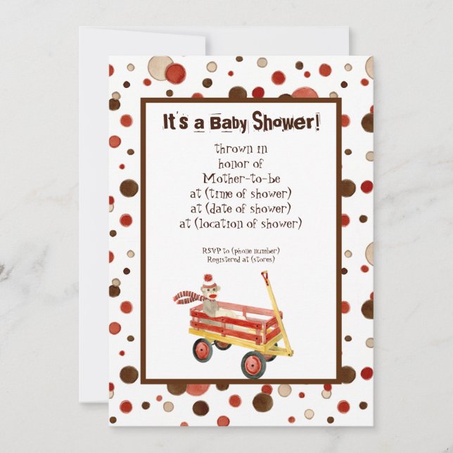 Sock monkey, pojkvän, inbjudan till babykläder (Framsida)