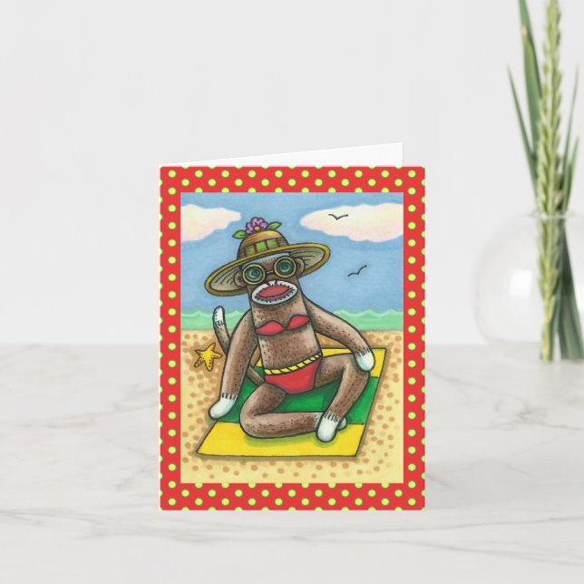 SOCK MONKEY RED BIKINI, VID BEACH TECKNAD FUNNY KORT (Framsida)