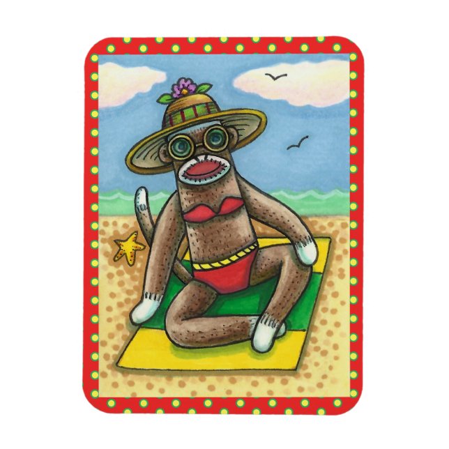 SOCK MONKEY RED BIKINI, VID BEACH TECKNAD FUNNY MAGNET (Vertikal)