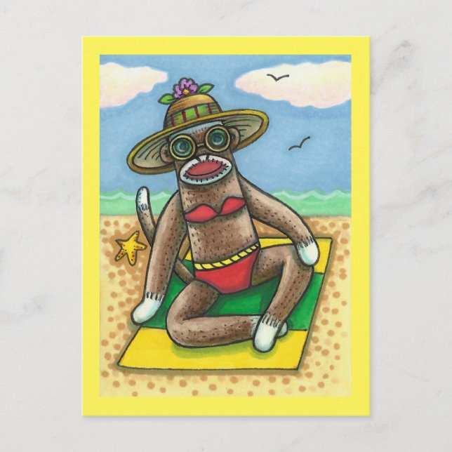 SOCK MONKEY RED BIKINI, VID BEACH TECKNAD FUNNY VYKORT (Framsida)