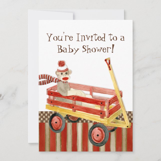 Sock monkey, Red Wagon, Boy Baby Shower-inbjudan Inbjudningar (Framsida)