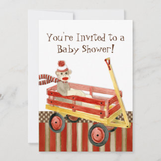 Sock monkey, Red Wagon, Boy Baby Shower-inbjudan Inbjudningar