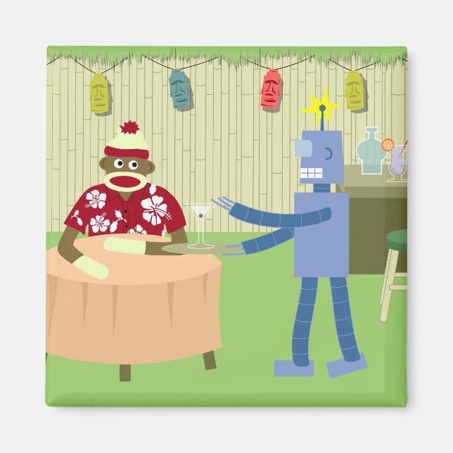 Sock monkey Robot Servitör Magnet (Framsidan)