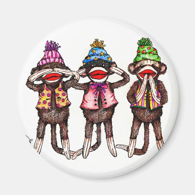 Sock monkey-se, lyssna, tala inget ont magnet (Framsidan)