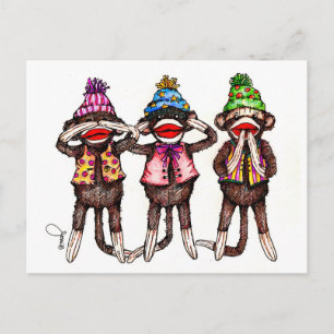 sock monkey-se, lyssna, tala inget ont vykort