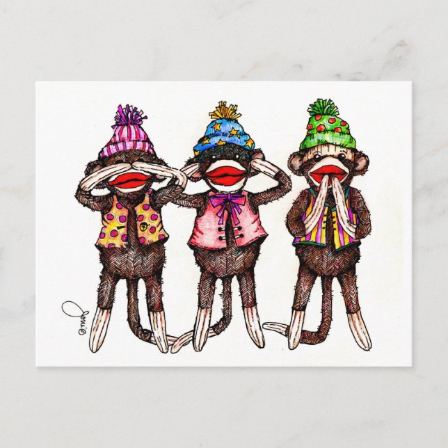 sock monkey-se, lyssna, tala inget ont vykort (Framsida)