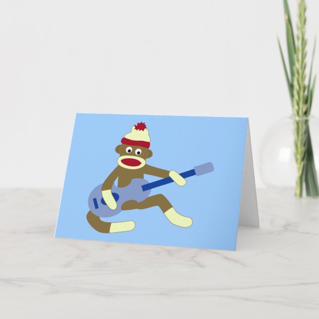 Sock monkey som spelar blå gitar kort (Framsida)