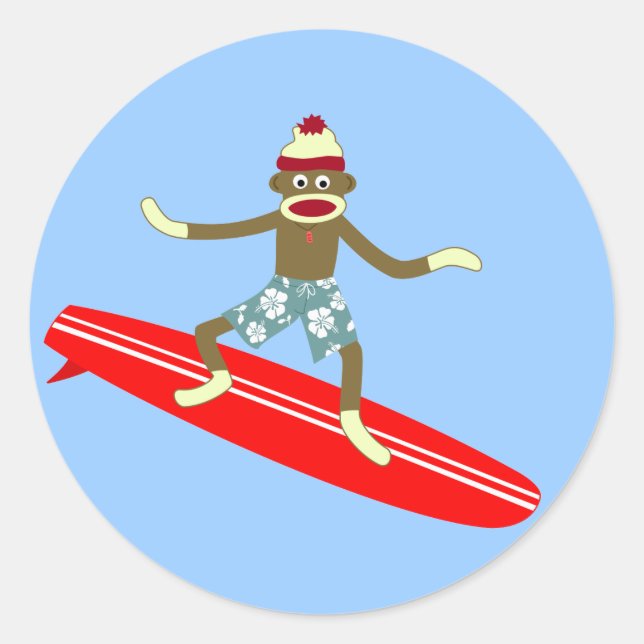 Sock monkey Surfer Runt Klistermärke (Framsida)
