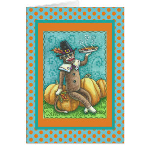 SOCK MONKEY THANKSGIVING GREETING CARD Verse Hälsningskort