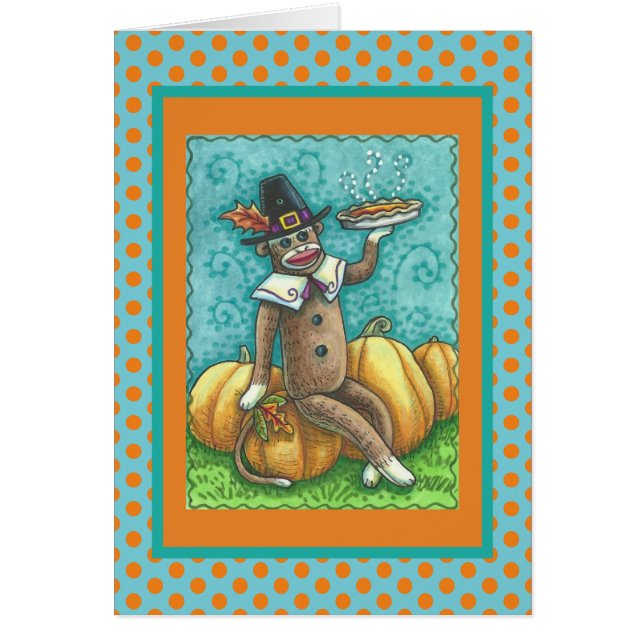 SOCK MONKEY THANKSGIVING GREETING CARD Verse Hälsningskort (Framsidan)