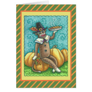 SOCK MONKEY THANKSGIVING GREETING CARD Verse Hälsningskort