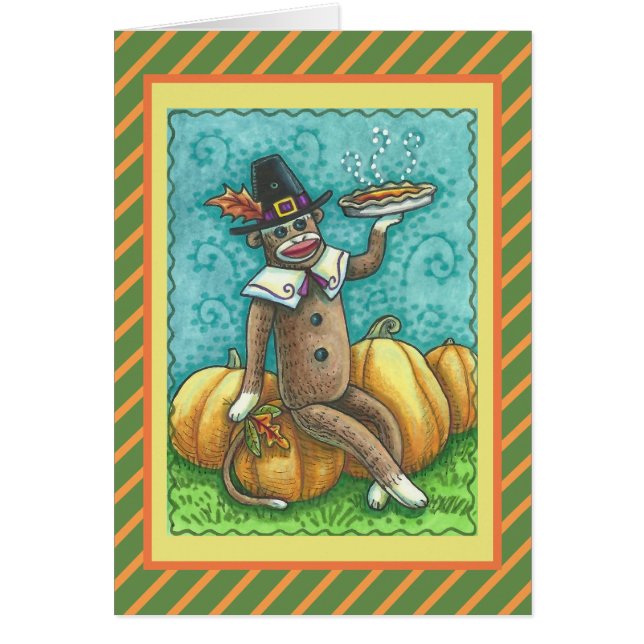 SOCK MONKEY THANKSGIVING GREETING CARD Verse Hälsningskort (Framsidan)