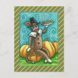 SOCK MONKEY THANKSGIVING OCH PUMPKIN PAJ HELG VYKORT