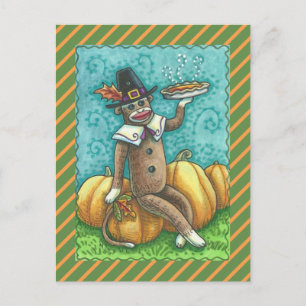 SOCK MONKEY THANKSGIVING OCH PUMPKIN PAJ VYKORT