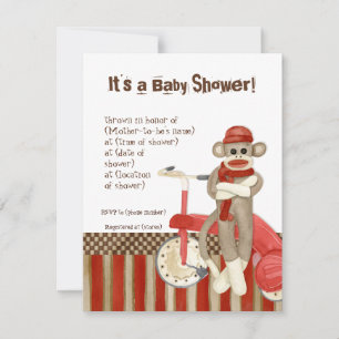 Sock monkey, trehjuling, pojkbabyinbjudan inbjudningar