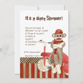 Sock monkey, trehjuling, pojkbabyinbjudan inbjudningar