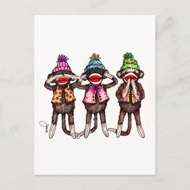 Sock monkey Trio - se, lyssna, tala inget ont Vykort (Framsida)