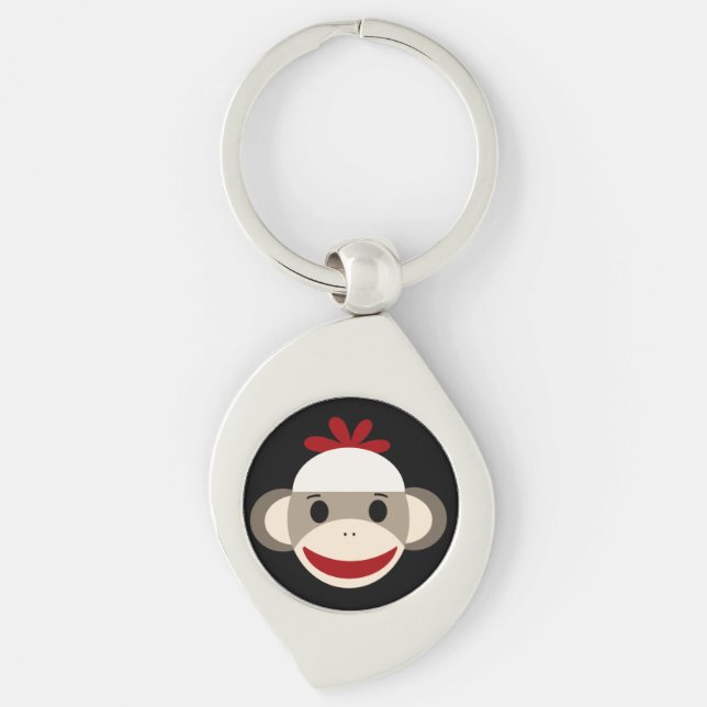 Sock monkey virvlar runt metall Keychain Swirl Silverfärgad Nyckelring (Framsidan)