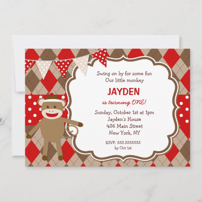 Sock monkeyfödelsedaginbjudningar inbjudningar (Framsida)