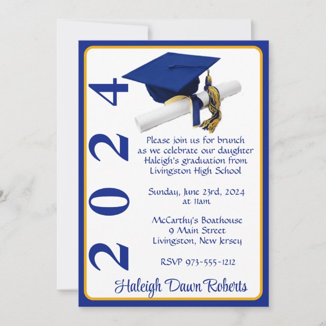Sockel & diplomat 5 x 7 Royal Blue & Guld Studente Inbjudningar (Framsida)