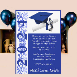 Sockel & diplomat 5 x 7 Royal Blue & White Student Inbjudningar