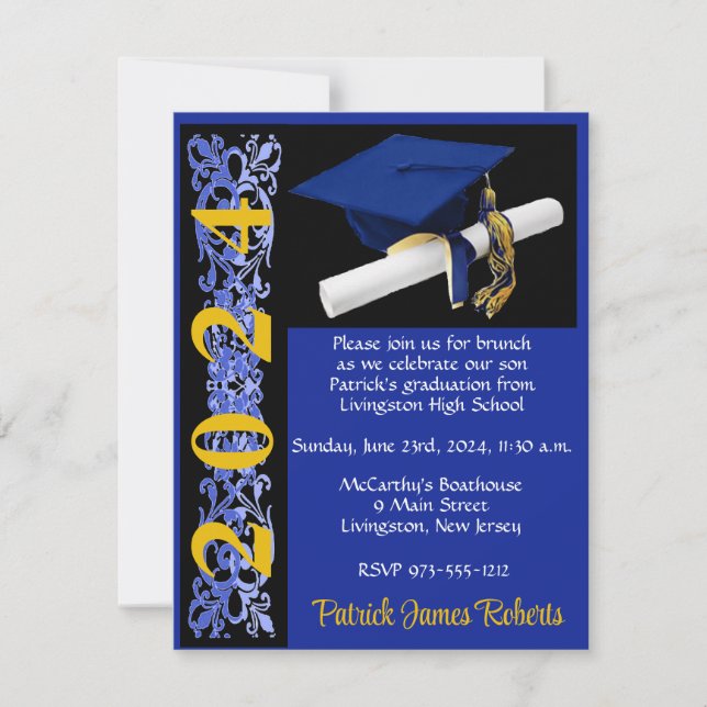 Sockel & diplomat, Royalet Blue/Black/Guld Student Inbjudningar (Framsida)