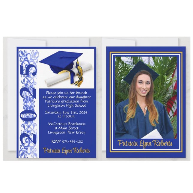 Sockel & diplomatfoto Royal Blue & Guld Studenten Inbjudningar (Graduation invitations with photos and a cap and diploma design!)