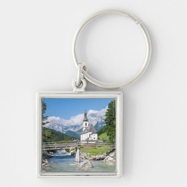 Sockenkyrkan i Ramsau Fyrkantig Silverfärgad Nyckelring (Framsidan)