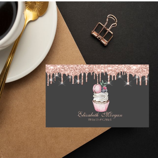 Socker Cupcake Macaron Rosa Guld Dropar Bageri Visitkort (Skapare uppladdad)