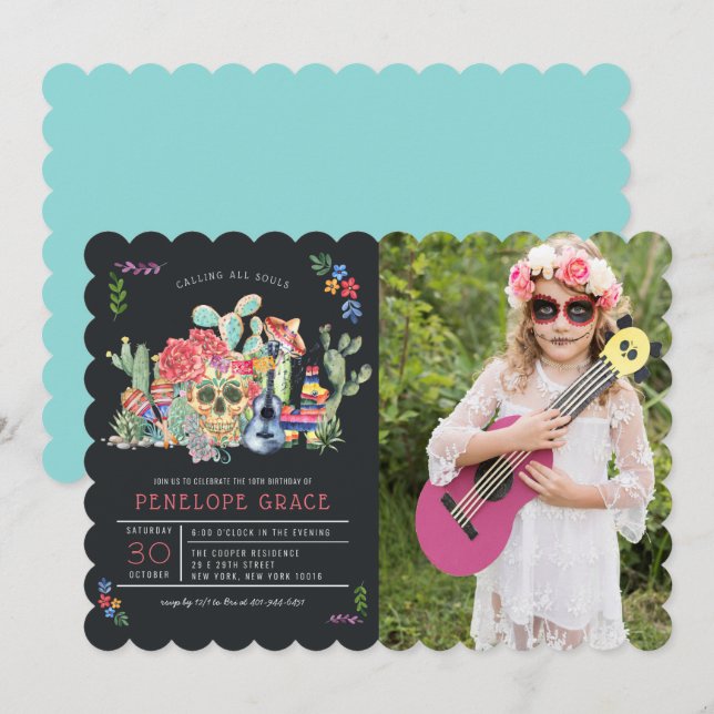 Socker Döskallar Day of the dead Födelsedagsfest Inbjudningar (Fram/baksida)