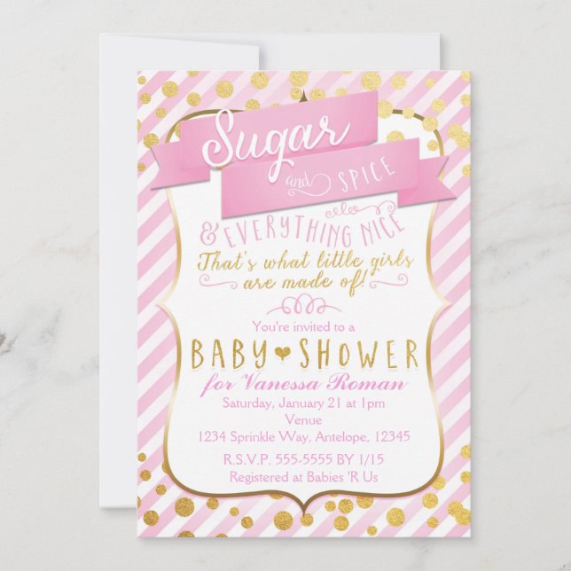 Socker & Krydda Rosa & Guld Baby Shower Inbjudan (Framsida)