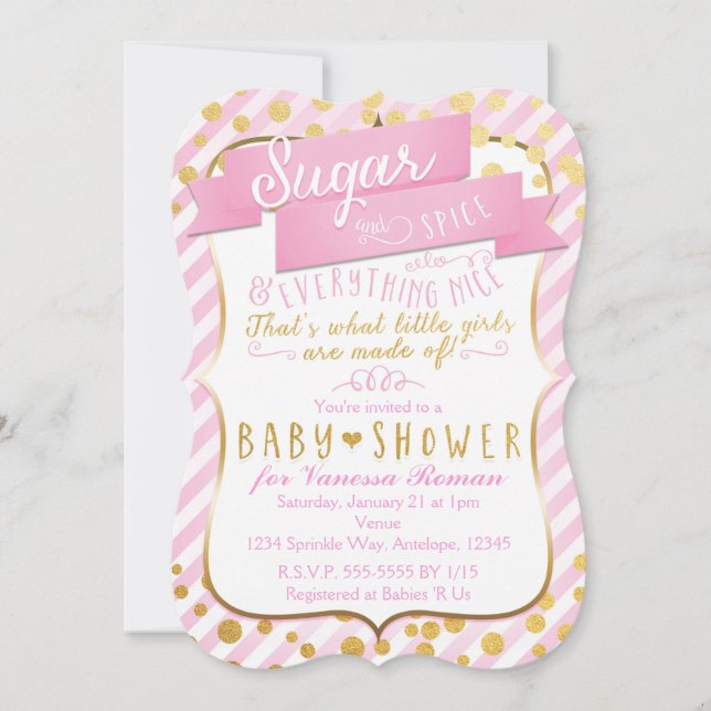 Socker & Krydda Rosa & Guld Baby Shower Inbjudan (Framsida)