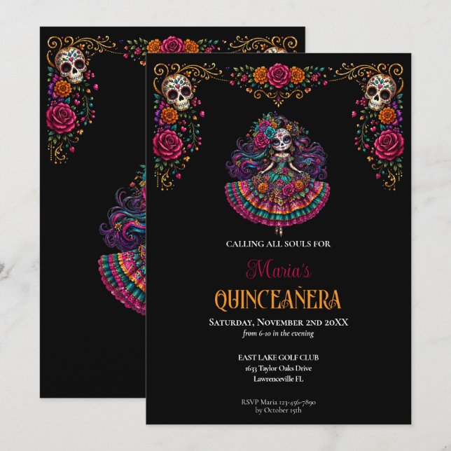 Socker Skallar Döda Dagen Tema Quinceanera Inbjudningar (Fram/baksida)