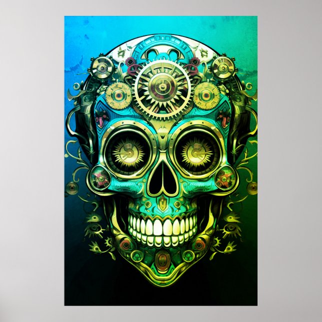 Socker Skalle Bilder Cool Grön + Blå Kille på en V Poster (Framsidan)
