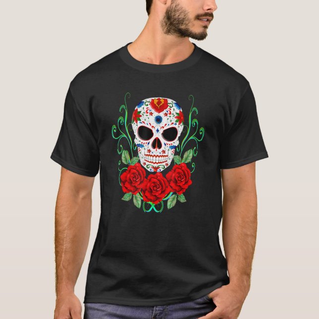 Socker Skalle Dag Av De Döda Röda Rosor T Shirt (Framsida)