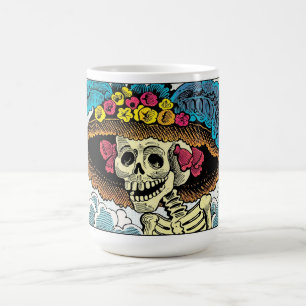 Socker Skalle Dam i Blommig Sol Hatt Pop Art Grafi Kaffemugg