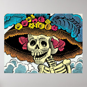 Socker Skalle Dam i Blommig Solhatt Pop Art Grafik Poster