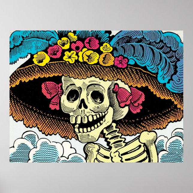 Socker Skalle Dam i Blommig Solhatt Pop Art Grafik Poster (Framsidan)