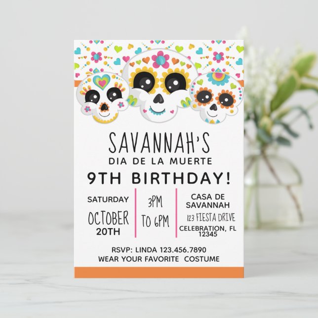 Socker Skalle Dia de La Muerte Halloween Födelseda Inbjudningar (Stående Fram)