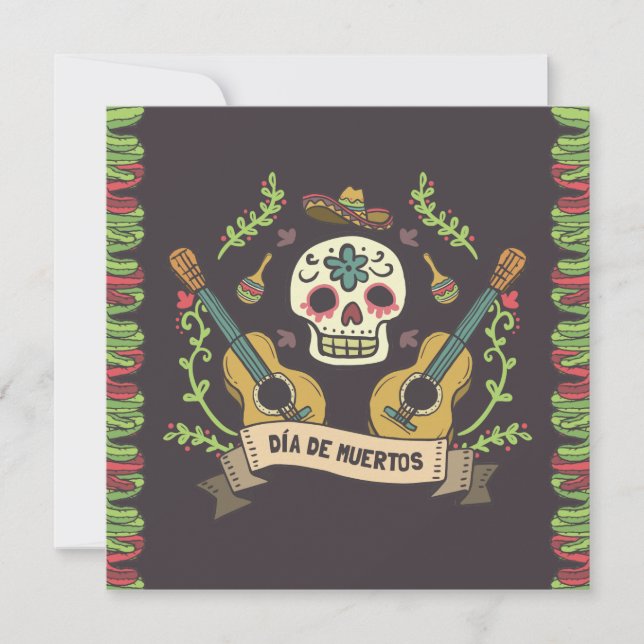 Socker Skalle & Gitarrer Dia de Muertos Inbjudan (Framsida)