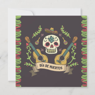 Socker Skalle & Gitarrer Dia de Muertos Inbjudan