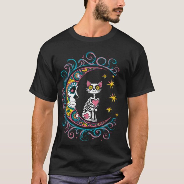 Socker Skalle Katt Måne Halloween T Shirt (Framsida)