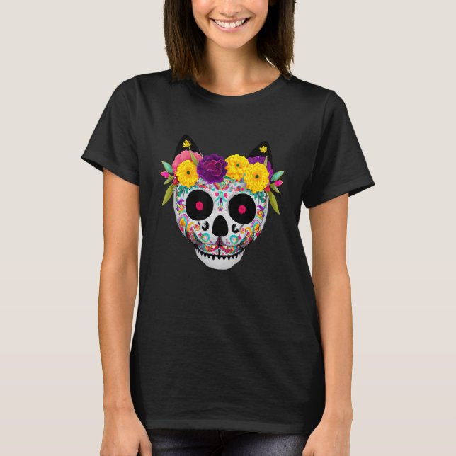 Socker Skalle Katt med Blommor T Shirt (Framsida)