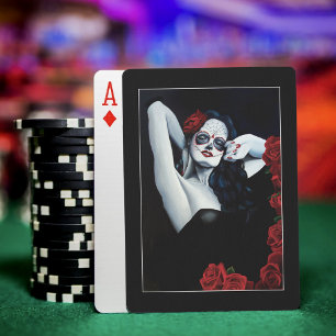 Socker Skalle Kvinna Gotisk Svart Röda Rosor Portr Casinokort