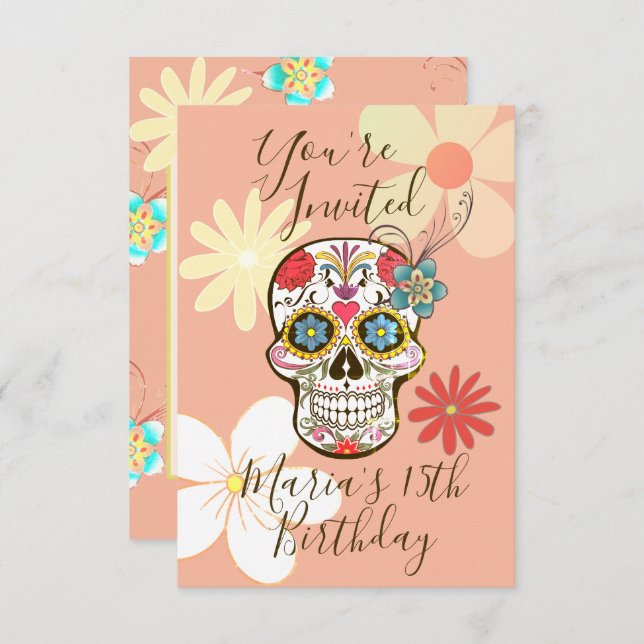 Socker Skalle Mjuk Päron Rosa Höstdreamig Blomma Inbjudningar (Fram/baksida)