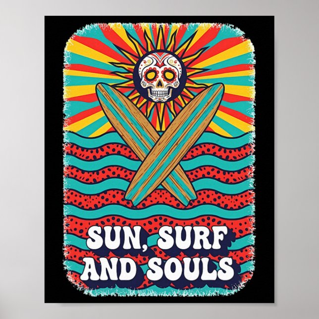 Socker Skalle Psykedelisk Sol Retro Surf Oceanvågo Poster (Framsidan)