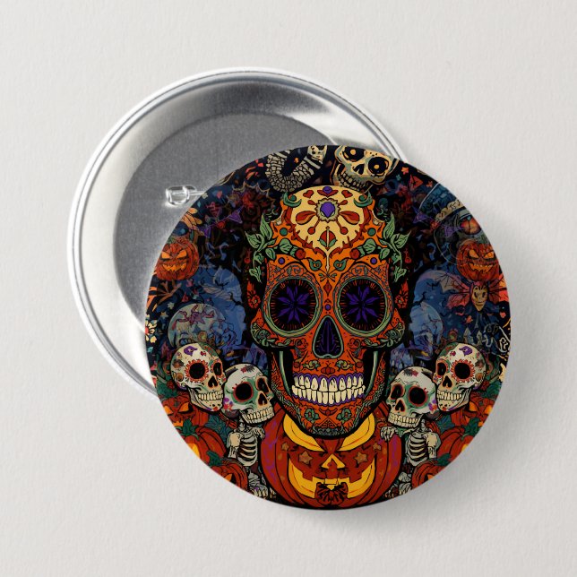 Socker Skalle Pumpa Fiesta, Calavera  Knapp (Framsida & baksida)