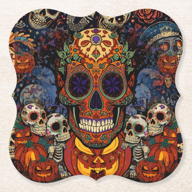 Socker Skalle Pumpa Fiesta, Calavera  Underlägg Papper (Framsida)