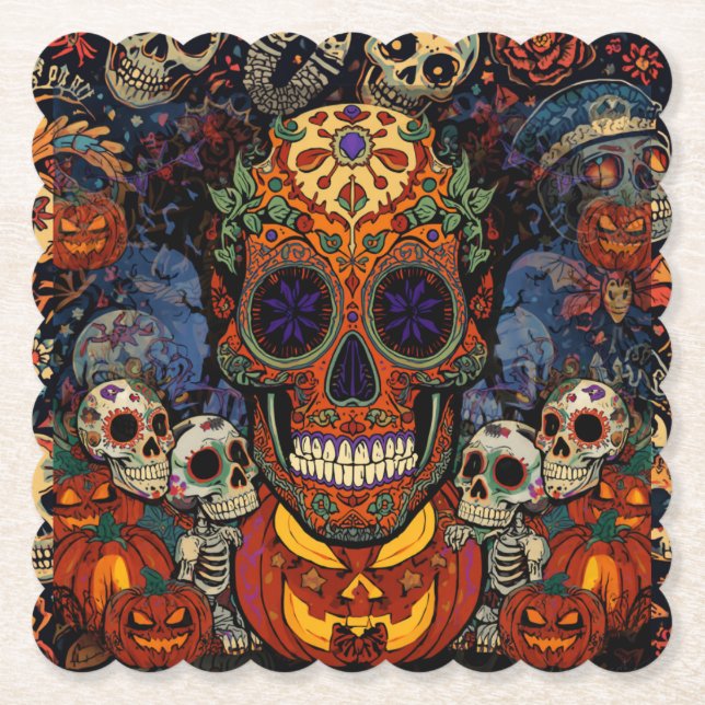 Socker Skalle Pumpa Fiesta, Calavera  Underlägg Papper (Framsida)