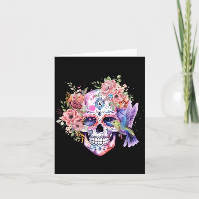 Socker Skalle Retro Blomma med Kolibri Kort (Framsida)